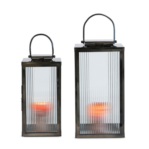 Ribbed glass lantern with leather handle - Medium