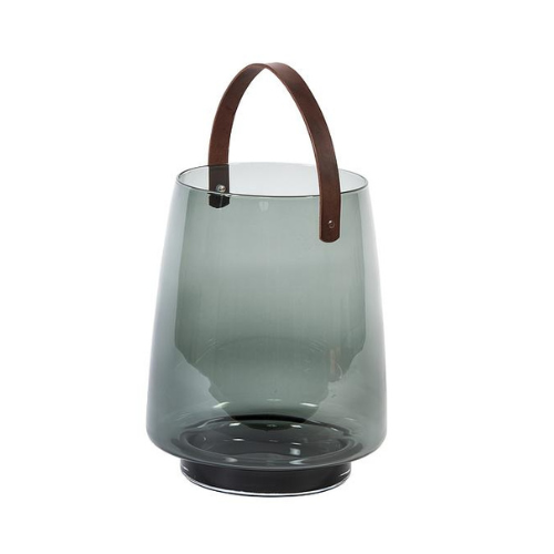 Lanterne en verre fumé – Anse en cuir naturel - Ø 28 × H 35 cm