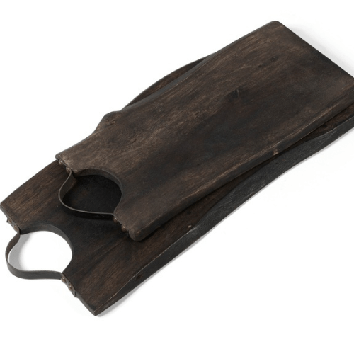 Set de plateaux en bois brut noirci - Poignée en cuir - Koddel.com