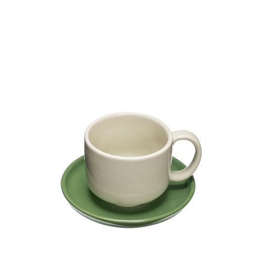 Amare – Tasse & Soucoupe Sable & Vert | Design artisanal en grès