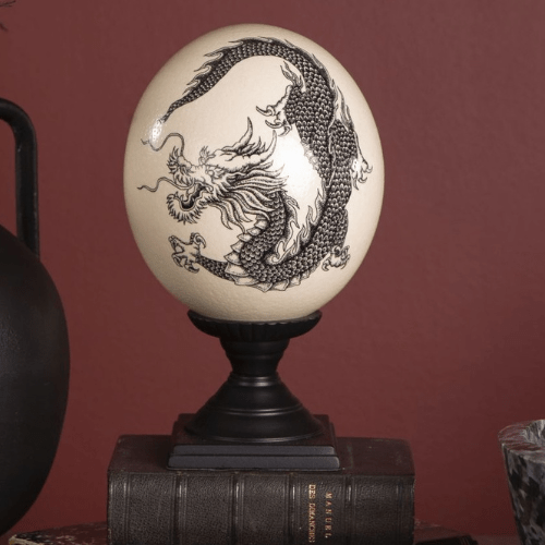 Paire de dragons - Dessin à l’encre sur œuf d’autruche - Koddel.com