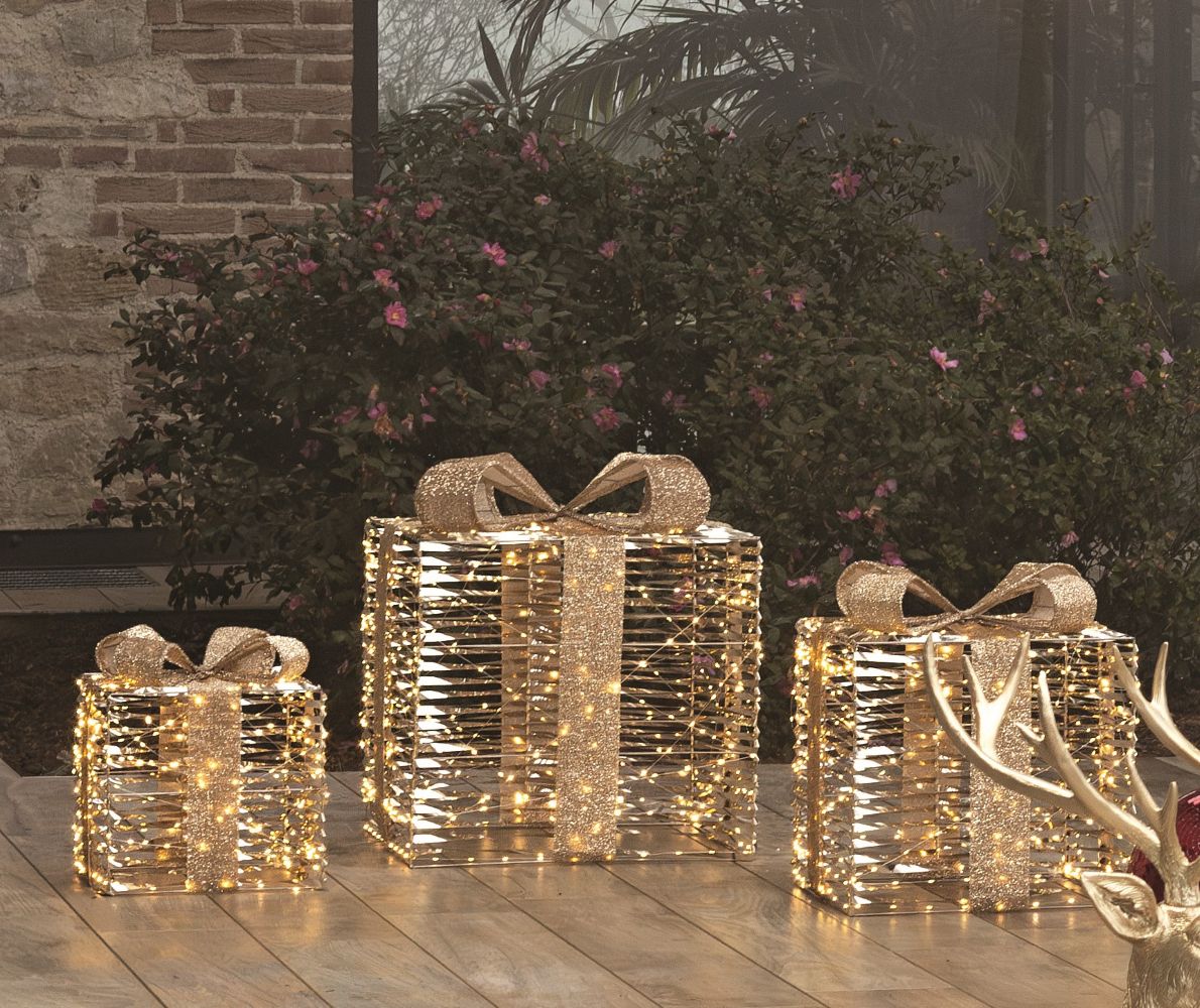 Set de 3 paquets cadeaux dorés lumineux – Métal & LED