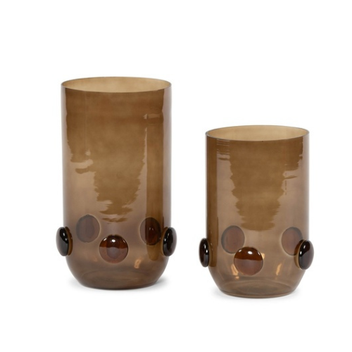 Smoked glass tea light holder with amber beads - ELENA