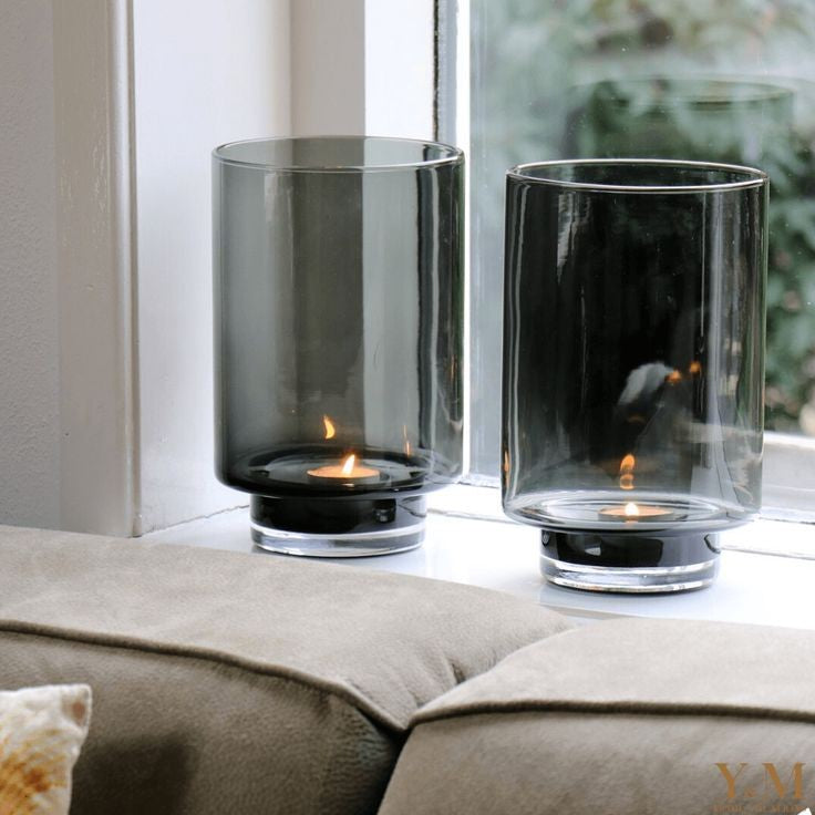 Photophore sur base – Verre soufflé fumé – Ø 26 × H 35 cm