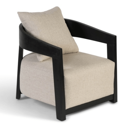 Fauteuil club en tissu écru et bois brossé noir - Design contemporain belge - Koddel.com