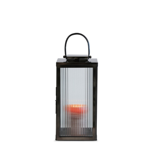 Ribbed glass lantern with leather handle - Medium