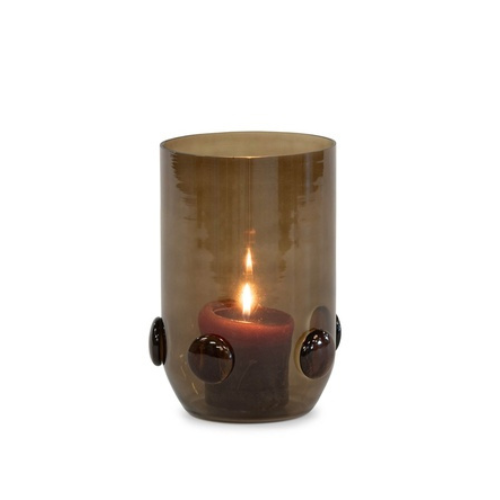 Smoked glass tea light holder with amber beads - ELENA