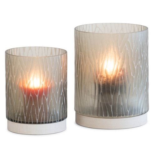 Cylindrical tea light holder in smoked glass and natural stone