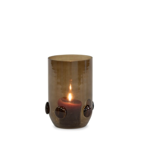 Smoked glass tea light holder with amber beads - ELENA