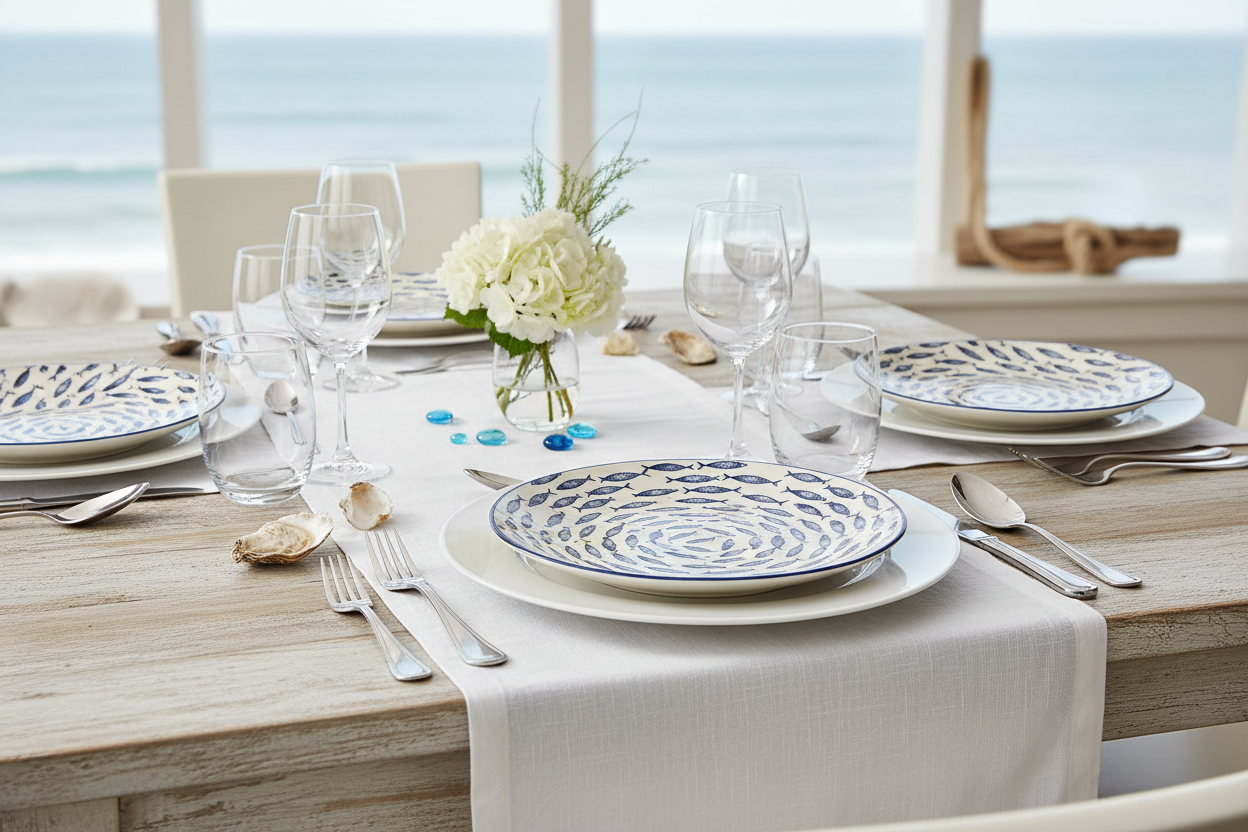 Assiette en grès beige et bleu - poissons bleus