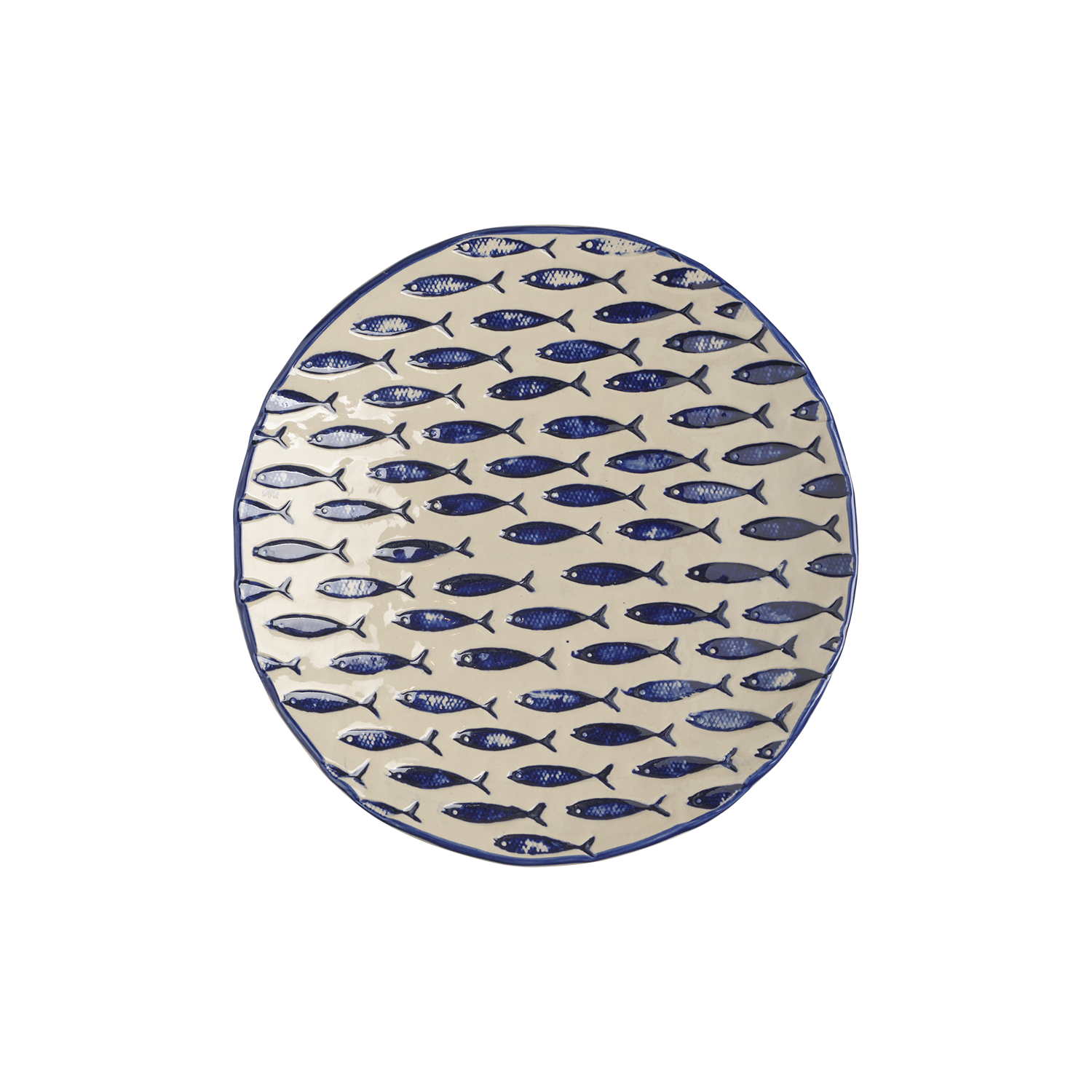 Assiette en grès beige et bleu - poissons bleus