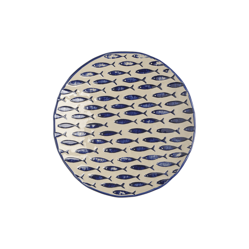 Assiette en grès beige et bleu - poissons bleus