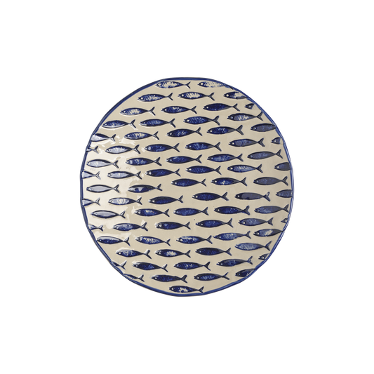 Assiette en grès beige et bleu - poissons bleus