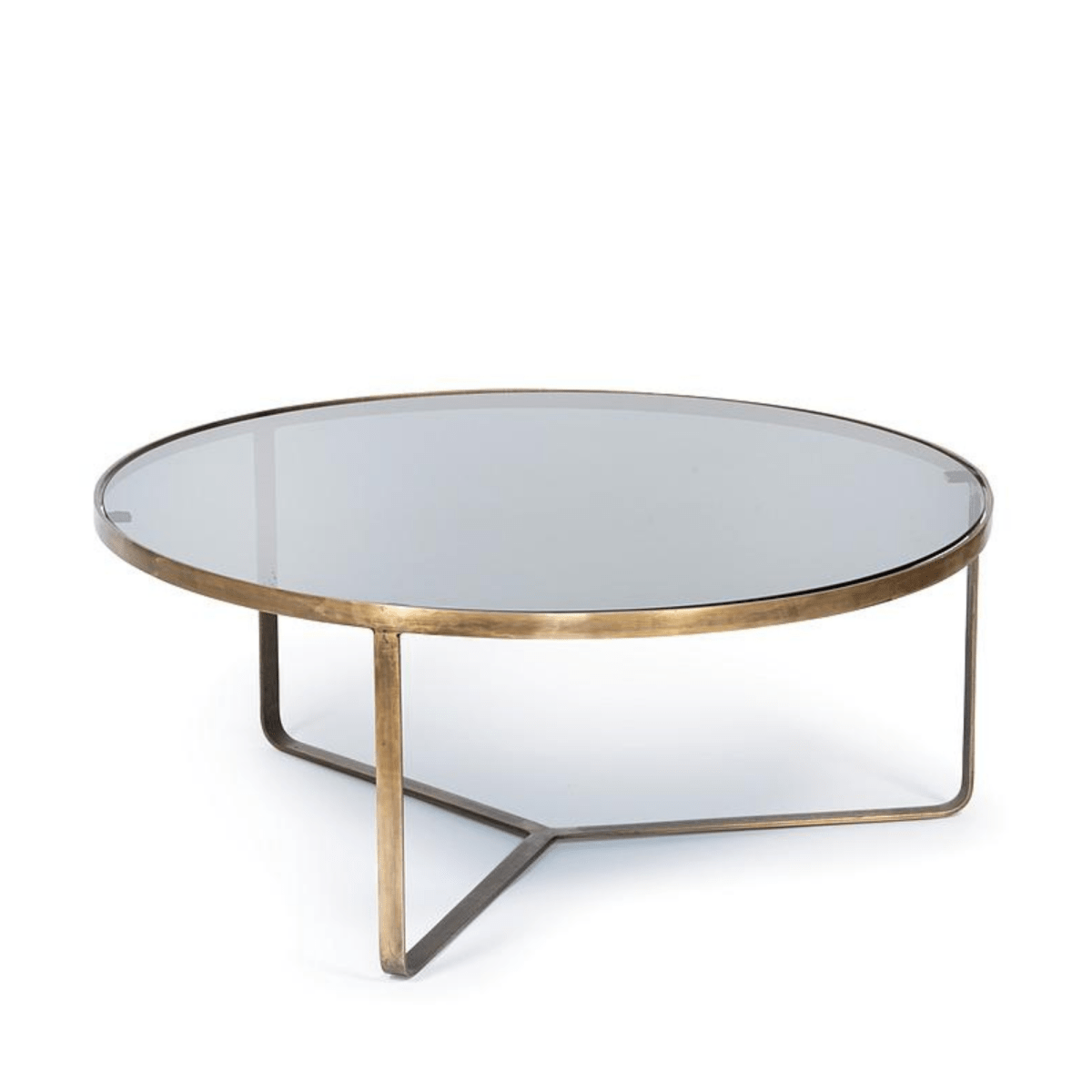 Table basse – Plateau verre fumé & base métal laiton antique - Koddel.com