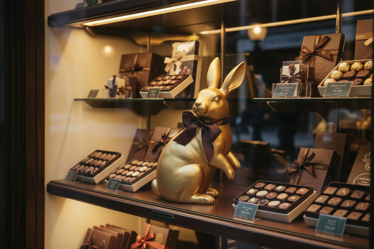 Lapin de Pâques doré avec ruban rouge