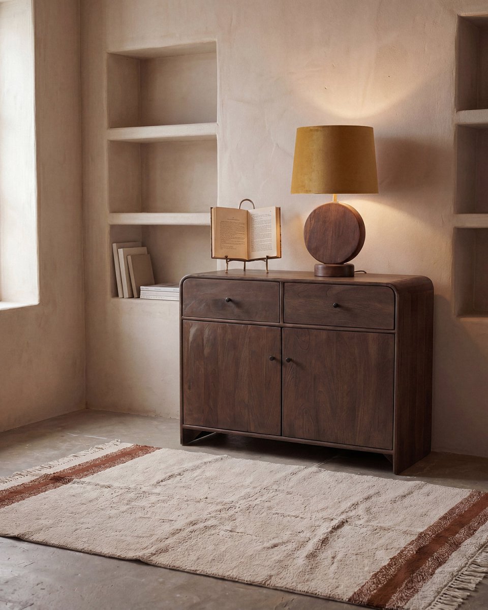 Lampe à poser en bois de manguier & abat-jour velours moutarde H 52 cm - Koddel.com