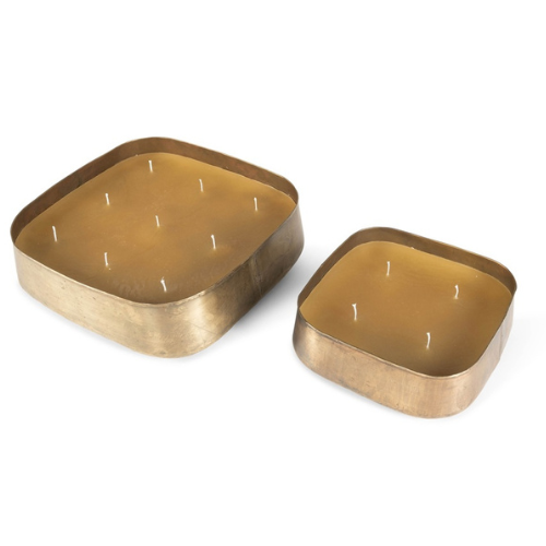 Pair of handcrafted candles in aged brass jars - to be reused throughout the seasons