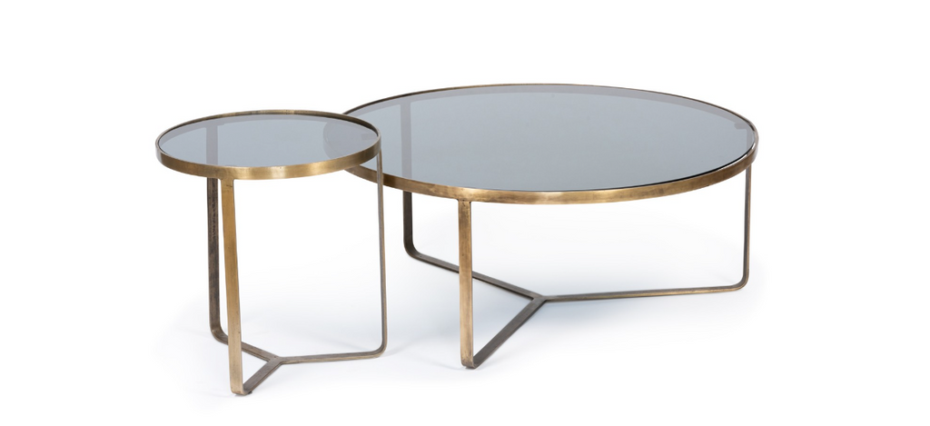Table Basse Ø40 – Plateau verre fumé & base métal laiton antique